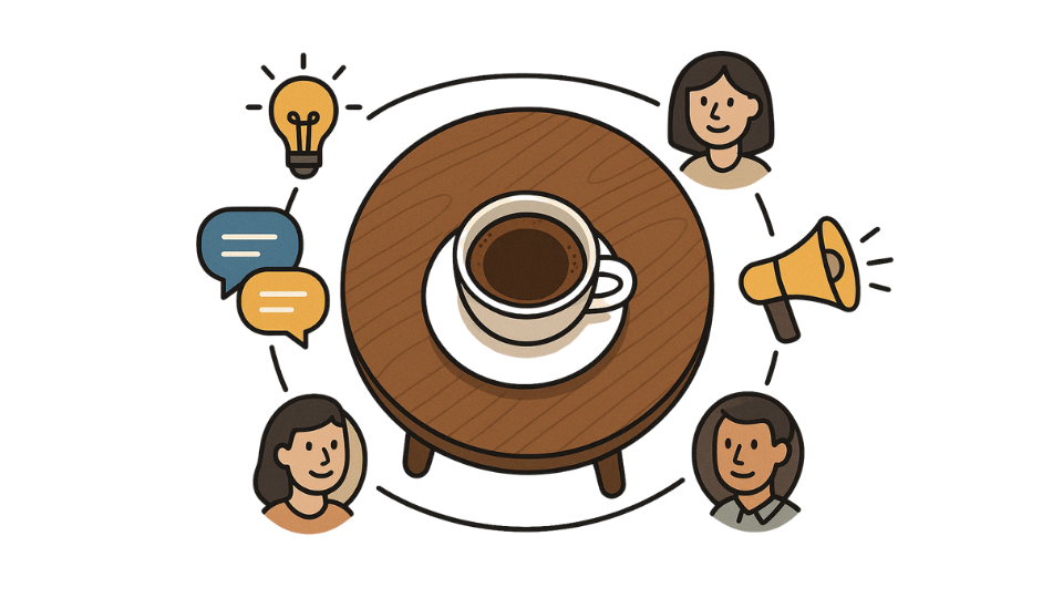 Six people around a café table in relaxed conversation.