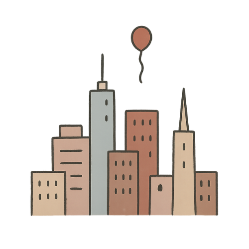A warm city with a single floating balloon — your daily social moment.
